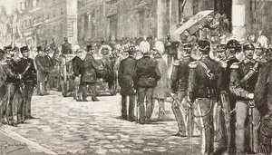 İtalyan politikacı ve subay Luigi Mezzacapo'nun (1814-1885) cenaze törenine katılan politikacılar ve memurlar, Roma, İtalya, L'Illustrazione Italiana'dan Dante Paolocci'nin çiziminden gravür, yıl 12, sayı 7, 15 Şubat by Dante Paolocci
