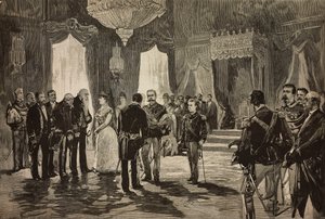 Napoli Prensi, Bourbon-Two Sicilies'den Alfonso Maria Giuseppe Alberto, teğmen üniformasıyla, İtalya, Quirinal'deki Yeni Yıl resepsiyonunda, L'Illustrazione Italiana'dan Dante Paolocci'nin çiziminden gravür, No 3, Ocak 16