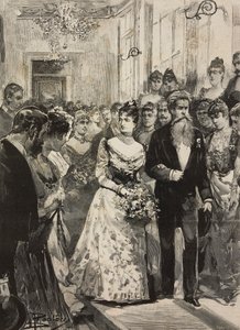 Savoy Kraliçesi Margherita, Roma Sanat Kulübü'nün (Circolo Artistico) partisinde, heykeltıraş Giulio Monteverde, İtalya eşliğinde, L'illustrazione Italiana'dan Dante Paolocci'nin çizim üstüne gravürü, XX. Yıl, No 3, 15 Ocak by Dante Paolocci