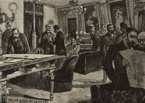 Palazzo Montecitorio'daki okuma odası, Roma, İtalya, L'Illustrazione Italiana'dan Dante Paolocci'nin çizdiği gravür, XX. Yıl, No 7, 12 Şubat by Dante Paolocci
