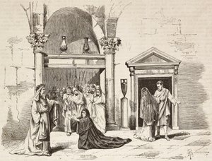 Yüce Papa'nın saraydaki kabinesi, Postumia Fabio Massimo'ya yalvarıyor, Roma Vaincue, Alexandre Parodi, Perde V, Zandomenico'nun L'Illustrazione Italiana'dan eskizlerinden Dante Paolocci'nin gravürü, No 58, 3 Aralık by Dante Paolocci