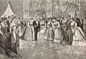 Umberto I (1844-1900), İtalya Kralı ve eşi Savoylu Margherita (1851-1926) Quirinal Sarayı'ndaki baloda, Roma, İtalya, Dante Paolocci'nin L'Illustrazione Italiana'dan çiziminden gravür, 12. yıl, no. 9, 1 Mart