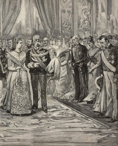 Savoylu I. Umberto ve Margherita, gümüş düğünleri vesilesiyle konserde, Palazzo del Quirinale, Roma, İtalya, L'Illustrazione Italiana'dan Dante Paolocci'nin çizim üstüne gravürü, Yıl XX, Sayı 18, 30 Nisan
