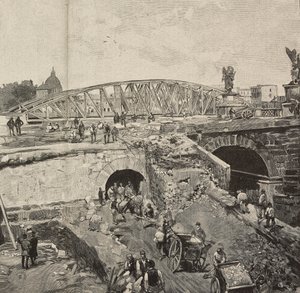 Tiber bankalarının hayata geçirilmesi sırasında Sant'Angelo Köprüsü üzerindeki çalışma, Roma, İtalya, Dante Paolocci tarafından çizim üzerine gravür, L'Illustrazione Italiana'dan, Yıl XX, No 2, Ocak 8
