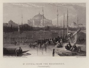 Ayasofya, Boğaziçi'nden, Konstantinopolis (renkli taş) by David (after) Roberts