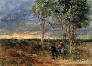 Bir fundalıkta bir tabelaya yaklaşan yolcular, 1851 by David Cox
