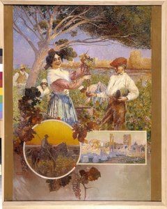 Aigues Mortes (Aigues-Mortes), Arles, Camargue: genç bir kadın, bir bağdan yeni topladığı güzel bir üzüm salkımı gösterir. David Dellepiane (1866-1932), noktacılık. Zorunlu söz: Koleksiyon fondasyonu de Provence, Marsilya