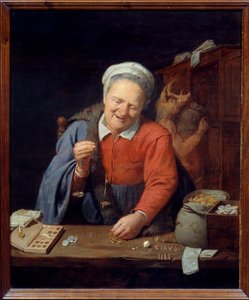 Altın tartı. Küçük ölçekli yaşlı bir kadın altınları tartarken, altta domuz başlı bir adam çantaları dolaba yerleştiriyor. David III Ryckaert (1612-1661) Ec. Alev.