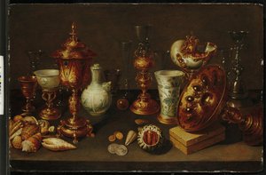 Nautilus, vazolar, bardaklar ve mercan dalları ile kabuklu natürmort by David II Ryckaert
