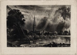 Salisbury Katedrali, 1832 dolayları (döşemiş kağıt üzerine beyaz tebeşirle mezzotint) by David Lucas
