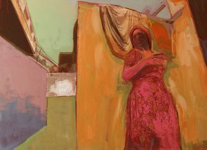 Pembe Elbiseli Kadın, 2016, Ahşap Panel Üzerine Karışık Teknik by David McConochie