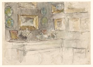 Duvarda resimler olan bir odanın köşesi by David Oyens