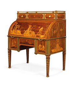 Mekanik silindir bürosu, Neuwied, c.1776-79 (ormolu monte edilmiş ve pirinç işlemeli amboyna, lale ağacı, lekeli çınar ve kakmacılık)