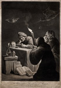 Kitap okuyan, gülümseyen bir adam; yanında kapüşonlu bir adam, diz çökmüş by David Teniers the Younger