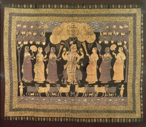 Krishna ve Gopileri (boyalı pamuk üzerine opak suluboya, altın ve gümüş)