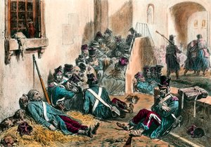 Napolyon Savaşları sırasında tifüs Fransız ordusunun askerleri, hastalığın neden olduğu ateşten muzdariptir. Denis Auguste Raffet (1804-1860) 19. yüzyıl gravürü. Özel koleksiyon