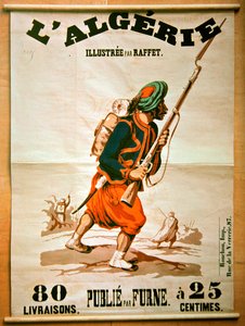 Cezayir ile ilgili bir dizi yayının reklamını yapan kitapçı afişi, 1843