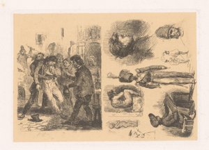 Bir grup erkek, yanında bir asker içeren bir kompozisyon kroki; Devrim Sahneleri by Denis Auguste Marie Raffet