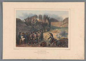 Palisade'de açılan Groep askeren trekt kapısı, 1832 Caponniere, yarım ayın önünde çitle çevrili çalışma (nesne üzerindeki başlık) Raffet tarafından Antwerp Kalesi kuşatmasındaki hayattan yapılan çizimler (nesne üzerindeki seri başlığı) by Denis Auguste Marie Raffet