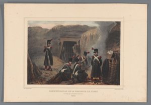 Militairen bij een mijngang, 1832 Hendek inişinin iletişimi (nesne üzerine başlık) Raffet tarafından Antwerp Kalesi kuşatması sırasında doğadan yapılan çizimler (nesne üzerine seri başlığı) by Denis Auguste Marie Raffet