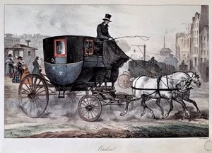19. yüzyılda toplu taşıma: Paris sokaklarında bir taksi (renkli gravür)
