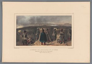 Schutters achter een borstwering, 1832 19. ışık avcılarının konutu (nesne üzerindeki başlık) Raffet tarafından Antwerp Kalesi kuşatması sırasında doğadan yapılan çizimler (nesne üzerindeki başlık) by Denis Auguste Marie Raffet