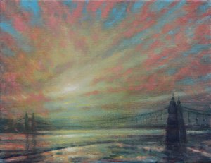 Hammersmith Bridge'de Gün Batımı, 2022 (Tuval Üzeri Yağlıboya) by Derek Hare
