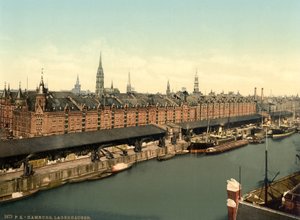 Rıhtımlardaki depolar, Hamburg, Almanya, Photochrome Print, c.1900 by Detroit Publishing Co.