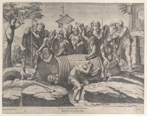 Marcus Atilius Regulus bir fıçıda iki adam çivi çakarken, çeşitli fi..., 1555-77.