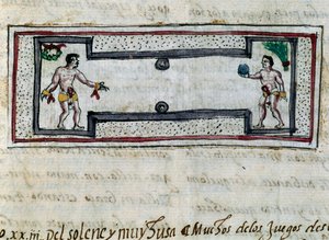 Pelota oyunu oynayan Aztekler, Diego Duran (1537-1588) tarafından Hint Adaları Tarihinden (Historia de las Indias) minyatür, 1579