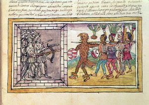 Codex Duran: Pedro de Alvarado (c.1485-1541) Aztek savaşçıları tarafından kuşatılan Hernando Cortes