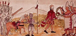 Fol.208v Hernando Cortes (1485-1547) ve Montezuma