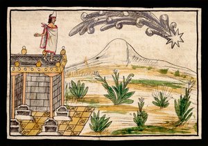 Montezuma kuyruklu yıldızı gözlemliyor, Diego Duran'ın (1537-1588) Hint Adaları Tarihi'nden minyatür