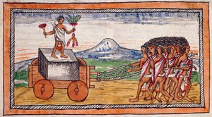 Şehirlerini inşa etmek için taşları taşıyan Aztekler, Diego Duran'ın (1537-1588) Hint Adaları Tarihi'nden streç sulu boya, el yazması, folyo 188 recto