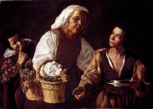 İki Oğlan ve Yaşlı Meyve Kadın veya Yaşlı Meyve Satıcısı (Dos Muchachos y vieja con fruta o La vieja frutera). Silva Velazquez (Velasquez) tarafından Diego Rodriguez tarafından boyama by Diego Rodriguez de Silva y (attr. to) Velazquez