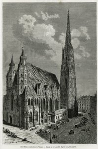 Aziz Stephen Katedrali (Aziz Stephen veya Stephansdom veya Aziz Stephane veya Aziz Stephan Kirche) (1113 ve 1147 arasında inşa edilmiştir), Viyana (Avusturya). Vienne ve banliyölerini göstermek için Lancelot tarafından yapılan gravür, M. Newlinski tarafınd