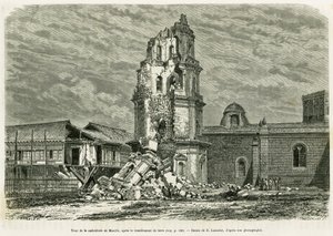 18 Temmuz 1880 depreminden sonra Manila Katedrali Kulesi.
