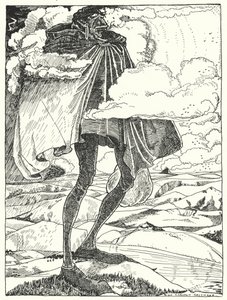 "Dev sapı tepelerin üzerinde, akşam yemeğini bir çantada taşırken gördük" (gravür) by Dion Clayton Calthrop