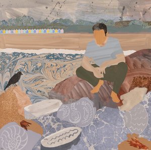 Plaj kulübeleri ve fosiller (kolaj) by Dione Verulam