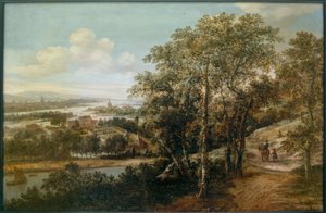Ön planda bir binici ve diğer figürler ile geniş nehir manzarası by Dionys Verburg