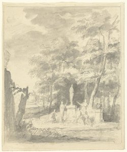 Bir heykelin etrafındaki figürlerle Arcadian manzarası by Dionys van Nijmegen (possibly)