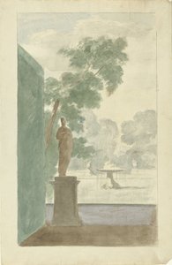 Salonda Duvar Dekorasyonu İçin Tasarım: Heykelli, Çeşmeli ve Çömlekli Bahçe Görünümü by Dionys van Nijmegen (possibly)