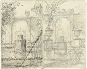 Ön planda çeşme ve bahçe aletleri ile bahçe manzarası için iki tasarım by Dionys van Nijmegen (possibly)