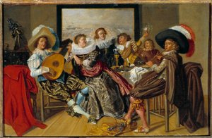 Gallant Toplantı Müzisyenleri ve müzik çalan ve bir partide gözlüklerini kaldıran genç kadınlar. Dirk Hals (1591-1656) 1625 Sun tarafından boyama. 0,3x0,46 m