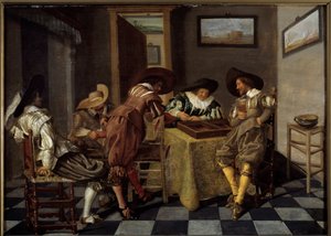 tric trac parçası (tri-trac: eski Tavla oyunu). Dirk Hals (1591-1656), 1615-1625 dolaylarında tablo. Ahşap üzerine yağ. Karartma: 0,38 X 0,53m. Lille, Musee Des Beaux Arts - Tic-trac oyuncuları (“Trictrac: eski Tavla oyunu). Dirk Hals tarafından yapılan bo