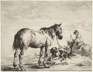 Bir direğe bağlı at by Dirck Stoop