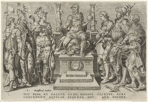 İmparator Charles V, mağlup rakipleriyle çevrili Charles V Zaferleri (dizi başlığı) Divi Caroli. v. imp. tercih max. victoriae, ex multis praecipuae (seri başlığı)