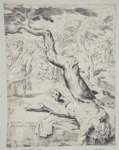 Yolcuyu yarı ölü bırakan soyguncular by Dirck Volckertsz. Coornhert