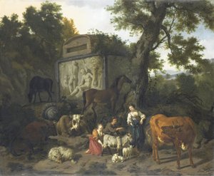Bir Mezarın Yanında Çoban ve Sığırlarla Manzara by Dirck van Bergen
