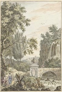 Bir şelale, bir köprü ve üç genç adam ile Arcadian orman manzarası by Dirk Versteegh
